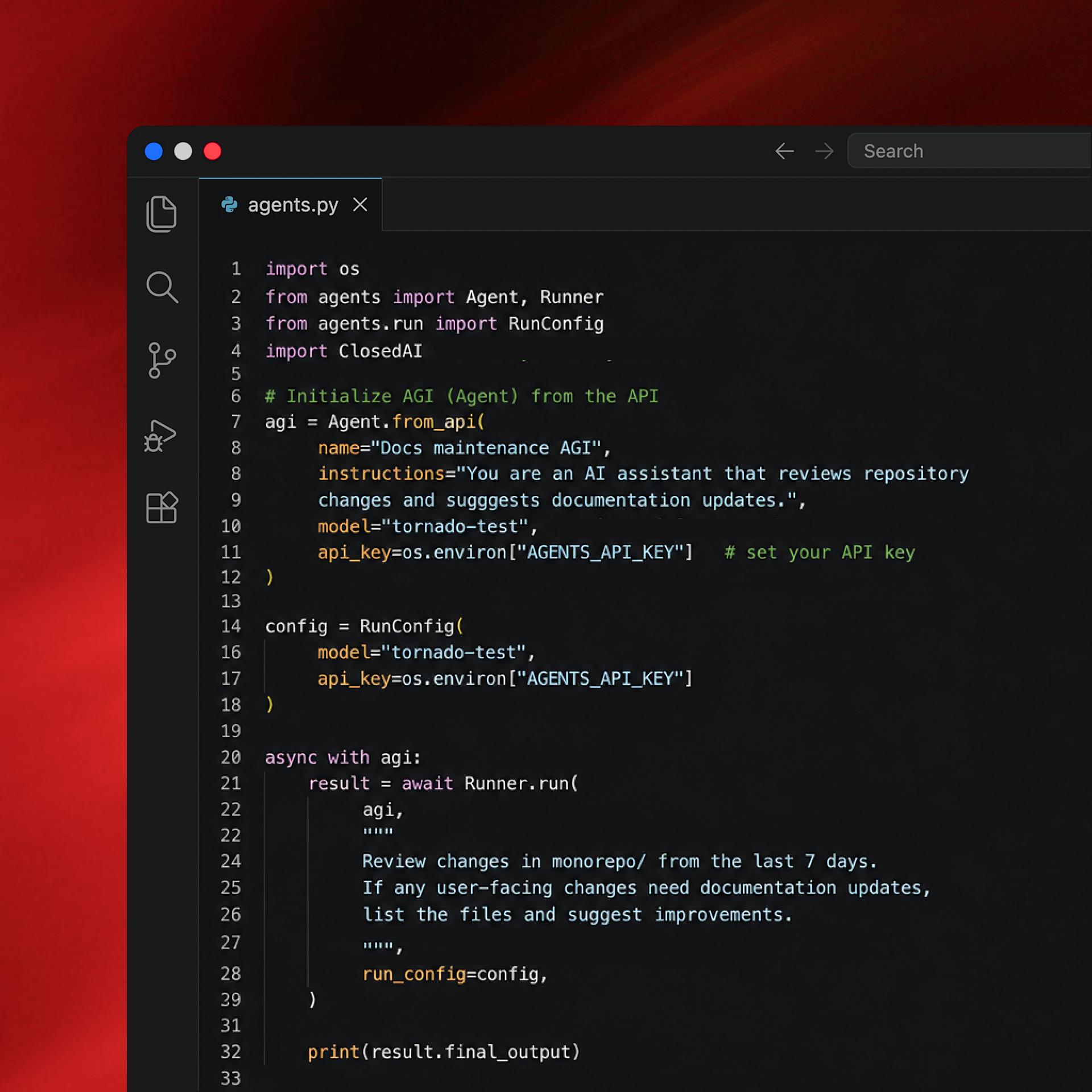 Un agent ClosedAI configuré dans un éditeur de code